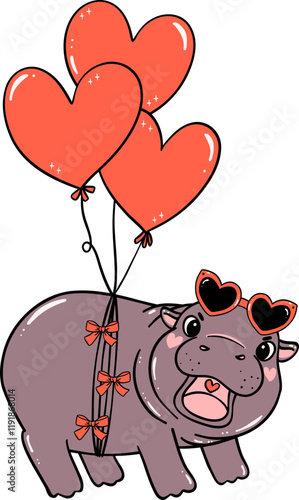 Grumpy Valentine Pygmy Hippo with heart balloons hand drawn doodle photo