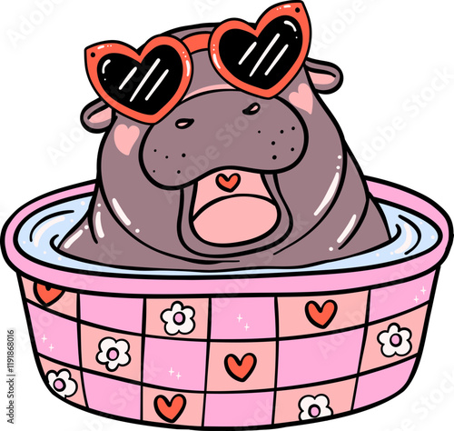 Groovy Valentine Pygmy Hippo in bathtub hand drawn doodle