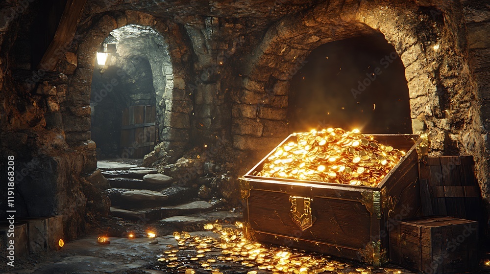 Naklejka premium Treasure discovery in an ancient dungeon fantasy adventure scene
