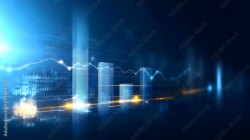 Naklejka premium dynamic bar graph with glowing upward trend, representing financial growth and data analysis in futuristic setting. blue tones create modern and professional atmosphere