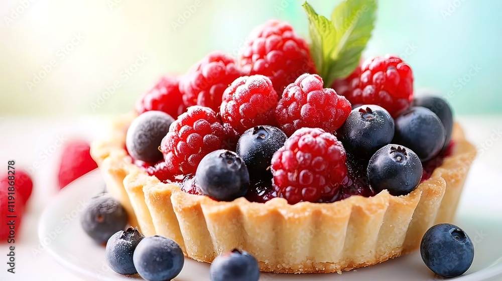 Delicious berry tart with raspberries and blueberries, powdered sugar, and mint leaf. Delicious berry tart with raspberries and blueberries, powdered sugar, and mint leaf.