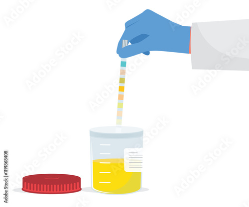 Urine analysis. Doctor in gloves holds an indicator strip in hands stock illustration