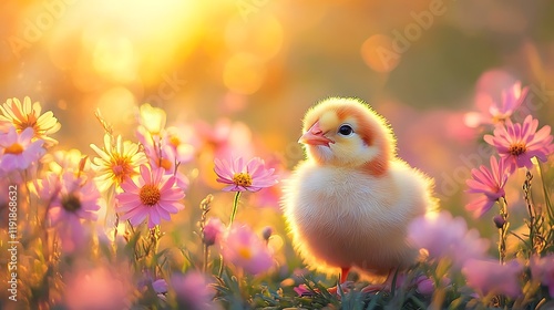 Wallpaper Mural Charming chick surrounded by flowers sunny meadow photography nature close-up Torontodigital.ca