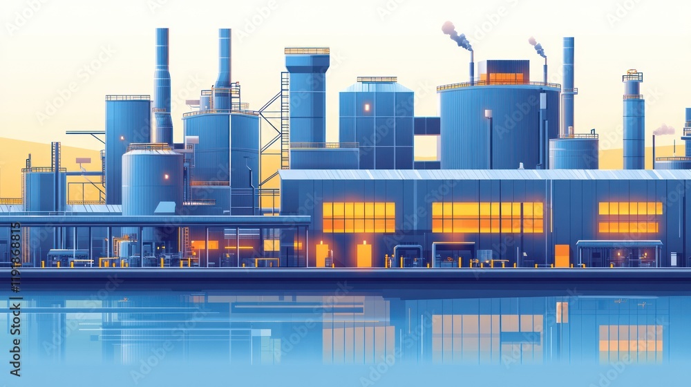 Obraz premium Industrial complex by river at sunset.