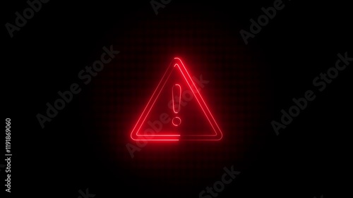 Animation of glowing neon Warning attention icon signal , alert , risk , safety, danger road warning sign animated .neon sign Warning alert icon isolated .