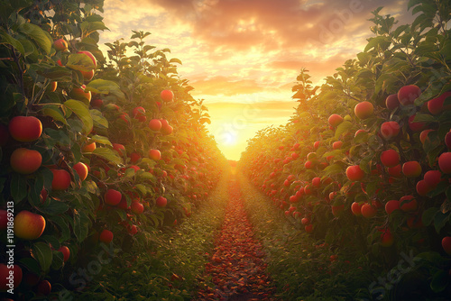 Autumn orchard sunset