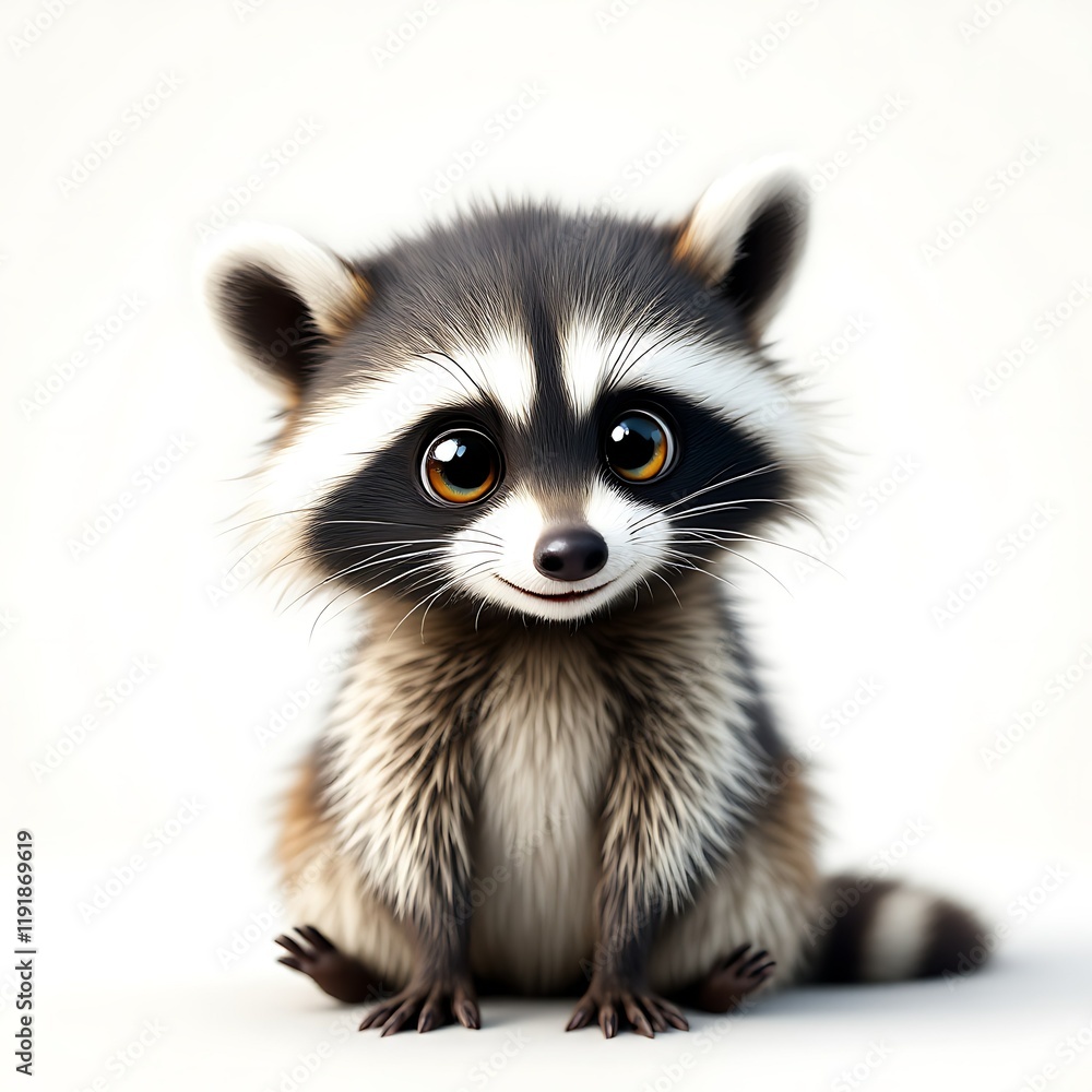 Cute cartoon raccoon, sitting, white background, playful expression, children's book illustration Cute cartoon raccoon, sitting, white background, playful expression, children's book illustration