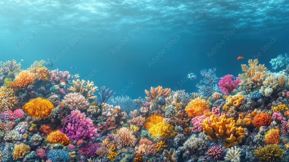Naklejka premium Vibrant Coral Reef Underwater Landscape with Diverse Marine Life and Colorful Corals, Representing the Beauty and Biodiversity of Ocean Ecosystems