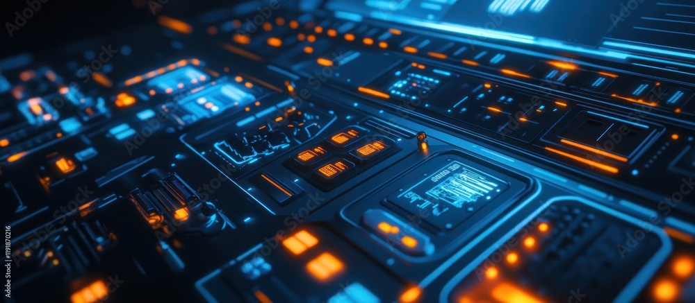 Obraz premium Futuristic tech interface with glowing blue and orange elements.