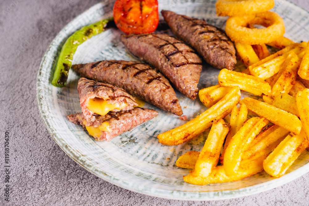 Grilled chicken wings and steak with vegetables on a plate Grilled chicken wings and steak with vegetables on a plate
