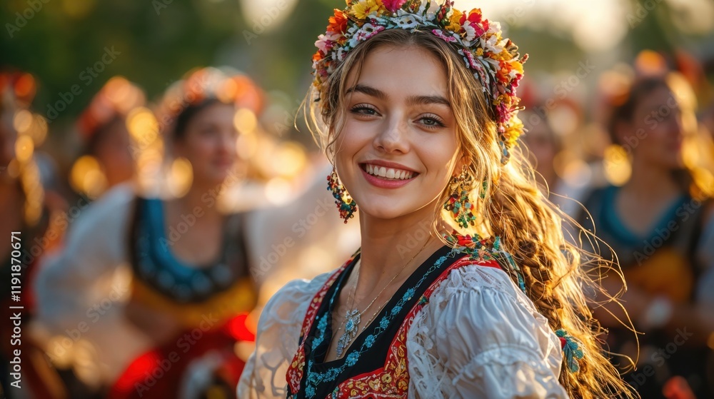 Fototapeta premium A young woman smiles brightly while dressed in vibrant traditional garments, surrounded by a group of dancers celebrating culture during a sunset festival filled with joy and color.