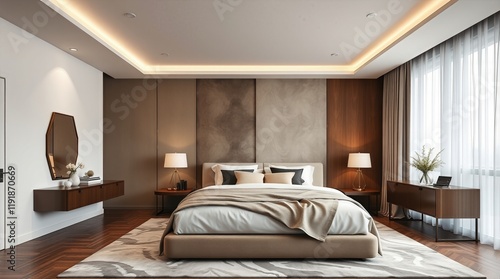 contemporary bedroom interior design with a distinct split, showcasing bold areas in divided sections, graceful and elegant refined features in a professional ima photo