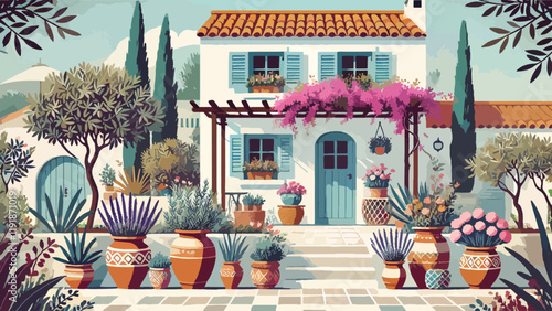 A Mediterranean-inspired front garden with terracotta pots filled with olive trees and lavender, a tiled pathway, and climbing bougainvillea on a pergola, set against a whitewashed house 
