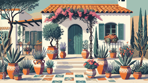 A Mediterranean-inspired front garden with terracotta pots filled with olive trees and lavender, a tiled pathway, and climbing bougainvillea on a pergola, set against a whitewashed house 