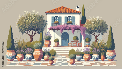 A Mediterranean-inspired front garden with terracotta pots filled with olive trees and lavender, a tiled pathway, and climbing bougainvillea on a pergola, set against a whitewashed house 