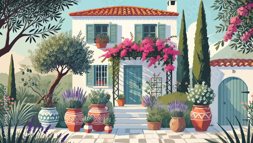 A Mediterranean-inspired front garden with terracotta pots filled with olive trees and lavender, a tiled pathway, and climbing bougainvillea on a pergola, set against a whitewashed house 
