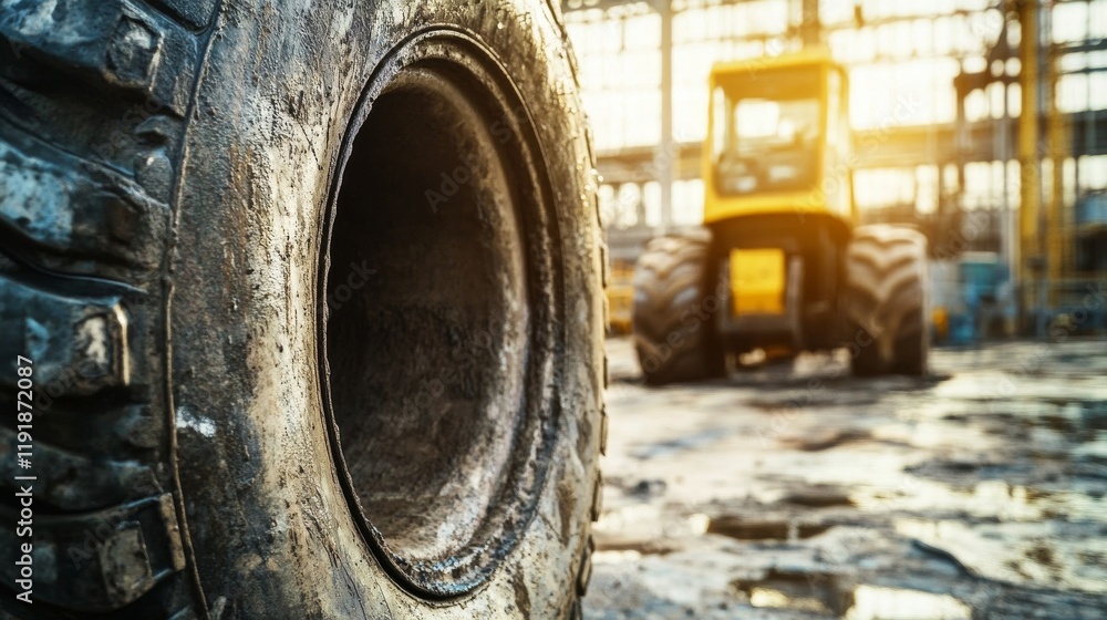 Fototapeta premium Close-Up of a Heavy Machinery Tire with Blurred Background of Industrial Warehouse and Construction Equipment During Golden Hour