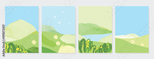Abstract Green Summer landscape background vector set. Nature wallpaper of green field, mountain, flower, blue sky, bird, river. Watercolor illustration for cover, banner, wall art, decoration.