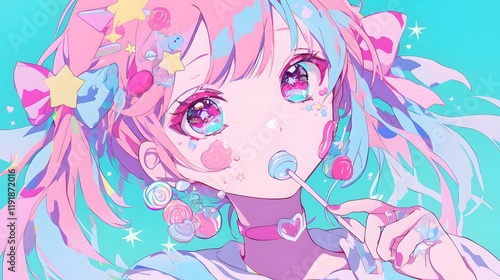 A vibrant anime girl adorned with candy-themed accessories and pastel-colored hair, exuding a playful and sweet vibe. photo