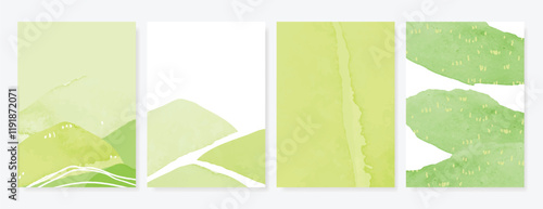Abstract Green Summer landscape background vector set. Nature wallpaper of green field, mountain, flower, meadow. Watercolor illustration for cover, banner, wall art, decoration.