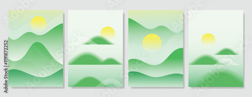 Abstract Green Summer landscape background vector set. Nature wallpaper design of green mountain, moon, sun gradient. Spring Season Illustration for cover, wall art, decoration.