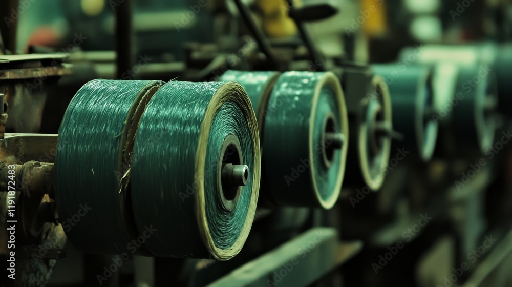 Obraz premium Close-Up View of Industrial Spools with Blue Thread in Manufacturing Facility, Showcasing Threads on Reels and Machinery in Background with Vibrant Colors and Textures