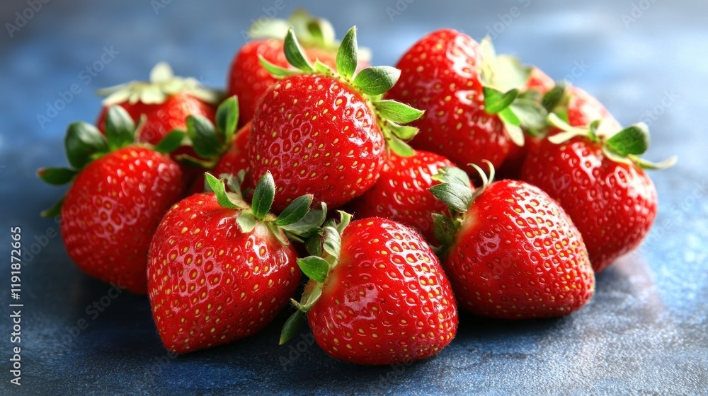 Fresh Strawberries on Blue Background: A Close-Up of Ripe, Red Strawberries Fresh Strawberries on Blue Background: A Close-Up of Ripe, Red Strawberries
