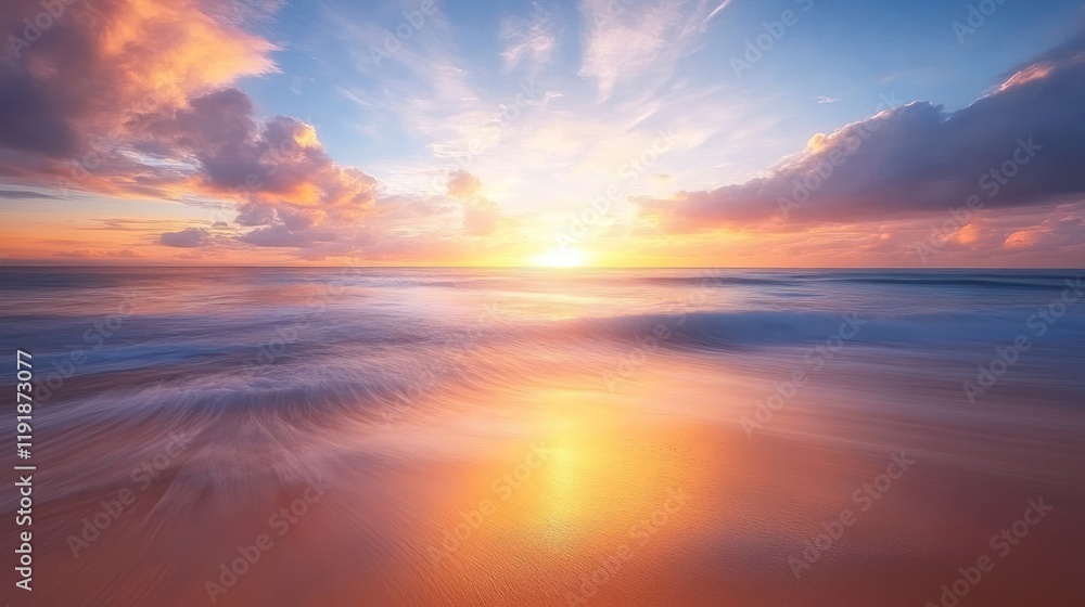 Obraz premium Vibrant sunset over calm ocean waves on sandy beach.