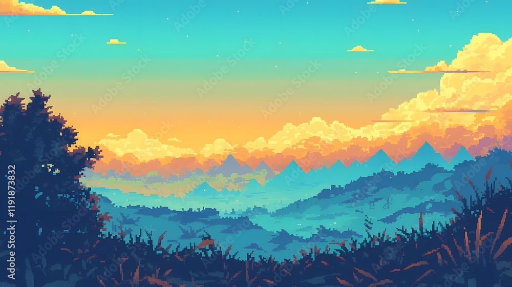 Naklejka premium A vibrant pixel art landscape with rolling hills, bright blue skies, and warm, ambient light at sunset, reminiscent of classic retro games