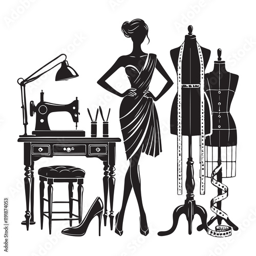 Fashion Designer Silhouette Vector Illustration, Solid White Background.