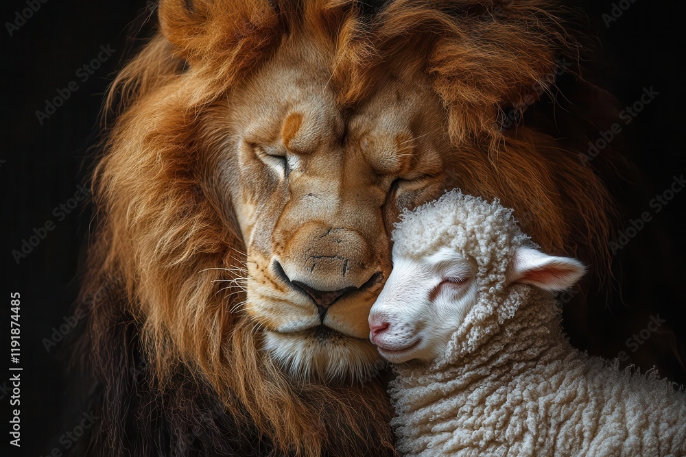 a striking image of a lion and lamb coexisting peacefully in front of a solid black background symbolizing harmony and balance captured in a powerful and emotive composition a striking image of a lion and lamb coexisting peacefully in front of a solid black background symbolizing harmony and balance captured in a powerful and emotive composition
