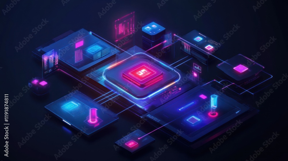 Fototapeta premium Futuristic digital network system with glowing interfaces and interconnected components.