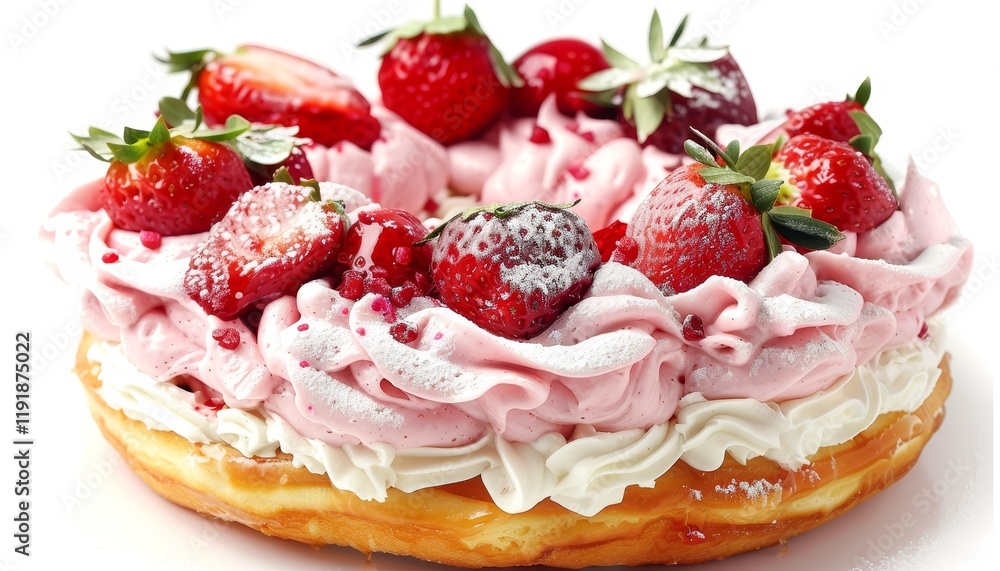 A ring-shaped pastry with pink cream, topped with fresh strawberries and powdered sugar. A ring-shaped pastry with pink cream, topped with fresh strawberries and powdered sugar.