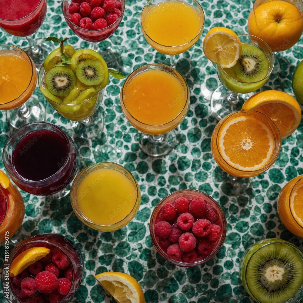 An artistic display of fruit juices in glasses with fruits forming patterns around them. An artistic display of fruit juices in glasses with fruits forming patterns around them.