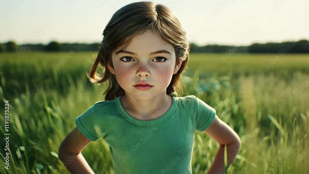 Young girl with freckles in green shirt stands in tall grass. Young girl with freckles in green shirt stands in tall grass.