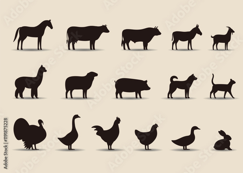Livestock, cute Farm animals, black icons set, vector illustration