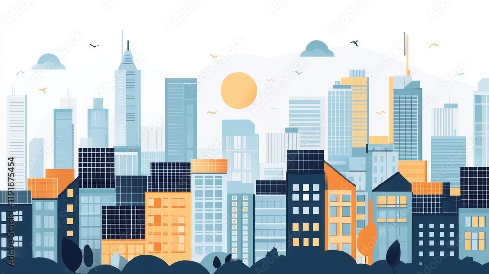 A city skyline dotted with buildings featuring rooftop solar panels, highlighting renewable energy in urban spaces A city skyline dotted with buildings featuring rooftop solar panels, highlighting renewable energy in urban spaces