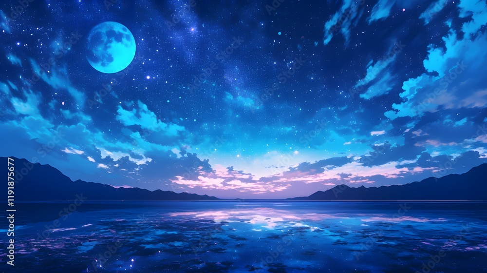A vivid summer night sky with cosmic elements, anime style