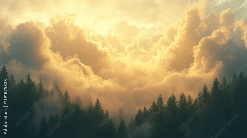 Fototapeta premium Golden sunset over a misty pine forest.