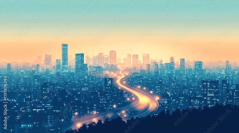 Obraz premium Cityscape at dawn, highway curving through metropolis.