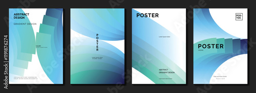 Modern gradient poster background vector set. Minimalist cover template with vibrant perspective geometric prism shapes in motion. Ideal design for social media, cover, banner, flyer.