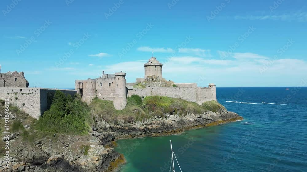 Aerial view of Fort La Latte on the Brittany coast in France - Vue aérienne du Fort La Latte sur la côte Bretonne en France Aerial view of Fort La Latte on the Brittany coast in France - Vue aérienne du Fort La Latte sur la côte Bretonne en France