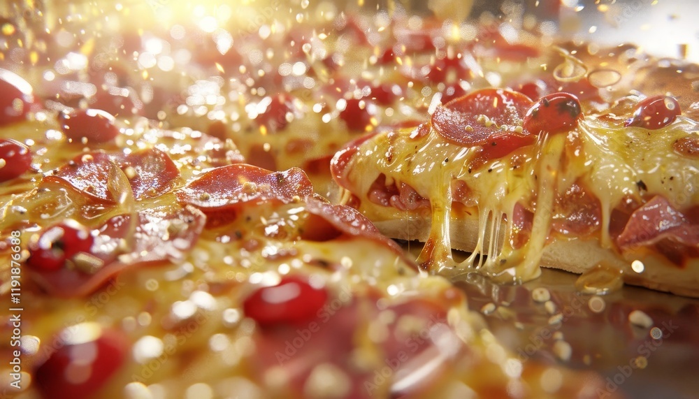 A close-up shot of a pepperoni pizza with a slice pulled away, revealing melted cheese and a golden crust. A close-up shot of a pepperoni pizza with a slice pulled away, revealing melted cheese and a golden crust.