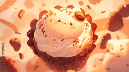 A whimsical cupcake with creamy frosting, chocolate sprinkles, and a kawaii animal face, inviting sweetness in an anime style.