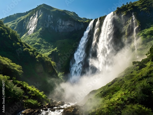 Majestic Waterfall Cascading Down Lush Green Mountains