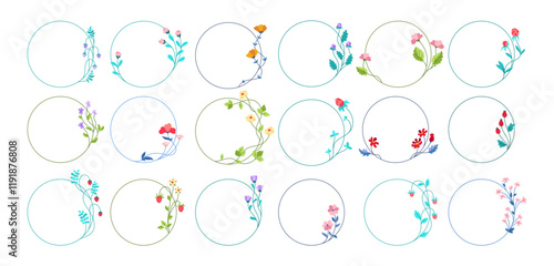Round frame with flowers and berries vintage set. Hand drawn herbal template round wreath banner illustration for postcard, invitation wedding card, poster cover. Abstract modern drawing vector design