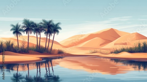 Oasis in desert landscape with palm trees reflecting in calm water.