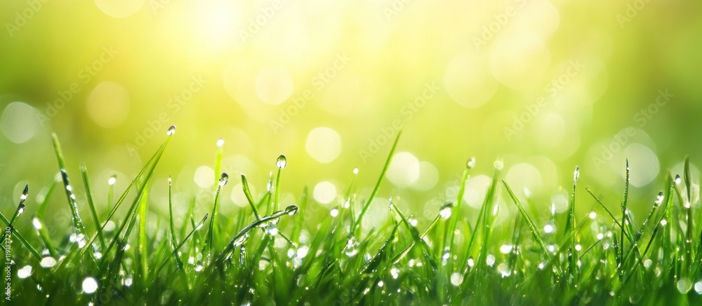 Obraz premium Dew-kissed green grass in sunlight.
