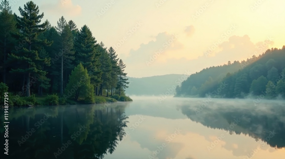 Fototapeta premium Serene Sunrise over Misty Lake with Evergreen Trees Reflected in Calm Water