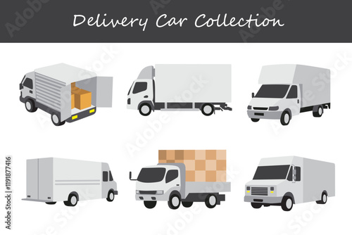 delivery car collection in different poses. Vector illustration.